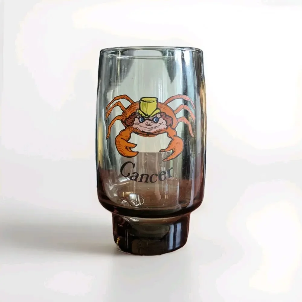 Vintage Cancer Zodiac‎ Drinking Glass – Astrology Barware – Smoky Glass Crab Cup